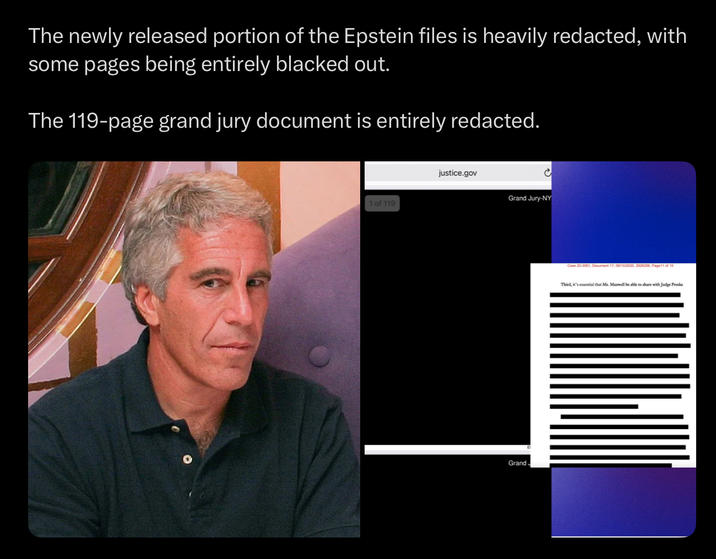 The newly released portion of the Epstein files is heavily redacted, with some pages being entirely blacked out. The 119-page grand jury document is entirely redacted. 1 of 119 justice.gov c Grand Jury-NY Grand Case 20-3061, Document 17, 09/10/2020, 2828288, Page11 of 15 Third, it's essential that Ms. Maxwell be able to share with Judge Preska