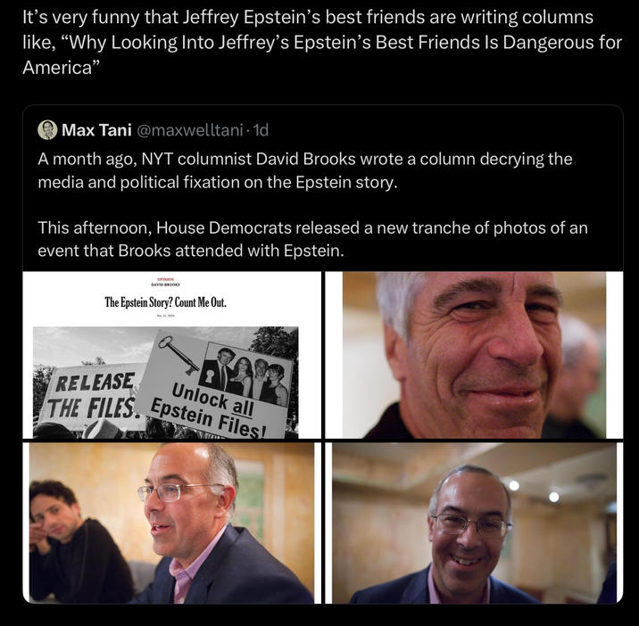It's very funny that Jeffrey Epstein's best friends are writing columns like, "Why Looking Into Jeffrey's Epstein's Best Friends Is Dangerous for America" Max Tani @maxwelltani · 1d A month ago, NYT columnist David Brooks wrote a column decrying the media and political fixation on the Epstein story. This afternoon, House Democrats released a new tranche of photos of an event that Brooks attended with Epstein. OPINION DAVID BROOKS The Epstein Story? Count Me Out. RELEASE Unlock all THE FILES. Epstein Files!