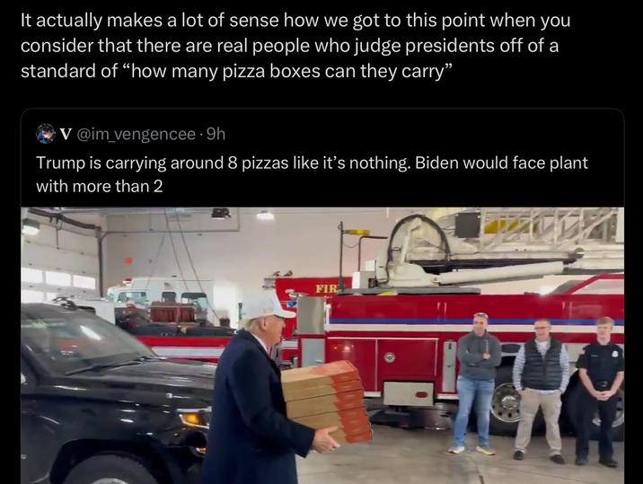 It actually makes a lot of sense how we got to this point when you consider that there are real people who judge presidents off of a standard of "how many pizza boxes can they carry" V @im_vengencee.9h Trump is carrying around 8 pizzas like it's nothing. Biden would face plant with more than 2 FIR
