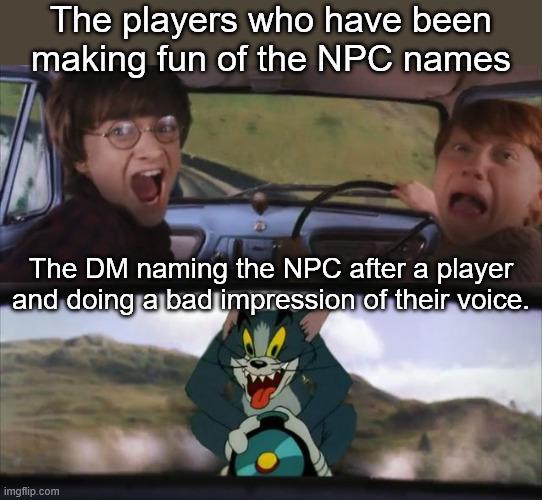 The players who have been making fun of the NPC names The DM naming the NPC after a player and doing a bad impression of their voice. imgflip.com