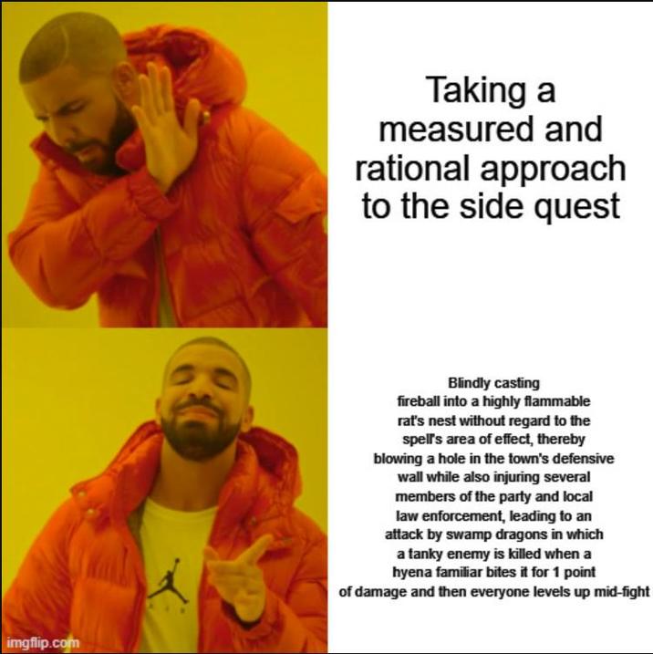 Taking a measured and rational approach to the side quest imgflip.com Blindly casting fireball into a highly flammable rat's nest without regard to the spell's area of effect, thereby blowing a hole in the town's defensive wall while also injuring several members of the party and local law enforcement, leading to an attack by swamp dragons in which a tanky enemy is killed when a hyena familiar bites it for 1 point of damage and then everyone levels up mid-fight