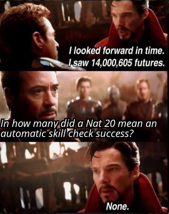 I looked forward in time. I saw 14,000,605 futures. In how many did a Nat 20 mean an automatic skill check success? None.