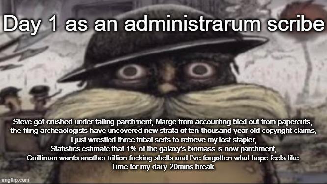 Day 1 as an administrarum scribe O Steve got crushed under falling parchment, Marge from accounting bled out from papercuts, the filing archeaologists have uncovered new strata of ten-thousand year old copyright claims, I just wrestled three tribal serfs to retrieve my lost stapler, Statistics estimate that 1% of the galaxy's biomass is now parchment, Guilliman wants another trillion f------ shells and I've forgotten what hope feels like. Time for my daily 20mins break imgflip.com