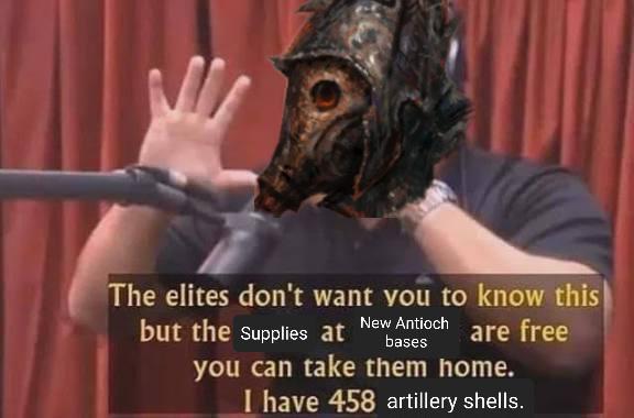 The elites don't want you to know this but the Supplies at New Antioch bases are free you can take them home. I have 458 artillery shells.
