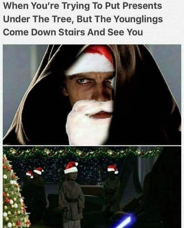 When You're Trying To Put Presents Under The Tree, But The Younglings Come Down Stairs And See You