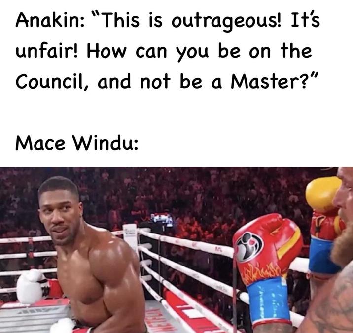 Anakin: "This is outrageous! It's unfair! How can you be on the Council, and not be a Master?" Mace Windu: