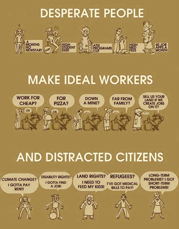 DESPERATE PEOPLE MONTHS NO HIGH NEWSTART DEBT STUDENT DEBT ATSI HIGH PROGRAMS MED CUT FEES 40 JOB APPS A MONTH MAKE IDEAL WORKERS WORK FOR CHEAP? FOR PIZZA? DOWN A MINE? FAR FROM FAMILY? Can OK SELL US YOUR LAND IF WE CREATE JOBS ON IT? AND DISTRACTED CITIZENS CLIMATE CHANGE? I GOTTA PAY RENT! DISABILITY RIGHTS? LAND RIGHTS? REFUGEES? I GOTTA FIND A JOB! I NEED TO FEED MY KIDS! I'VE GOT MEDICAL BILLS TO PAY! LONG-TERM PROBLEMS? I GOT SHORT-TERM PROBLEMS!