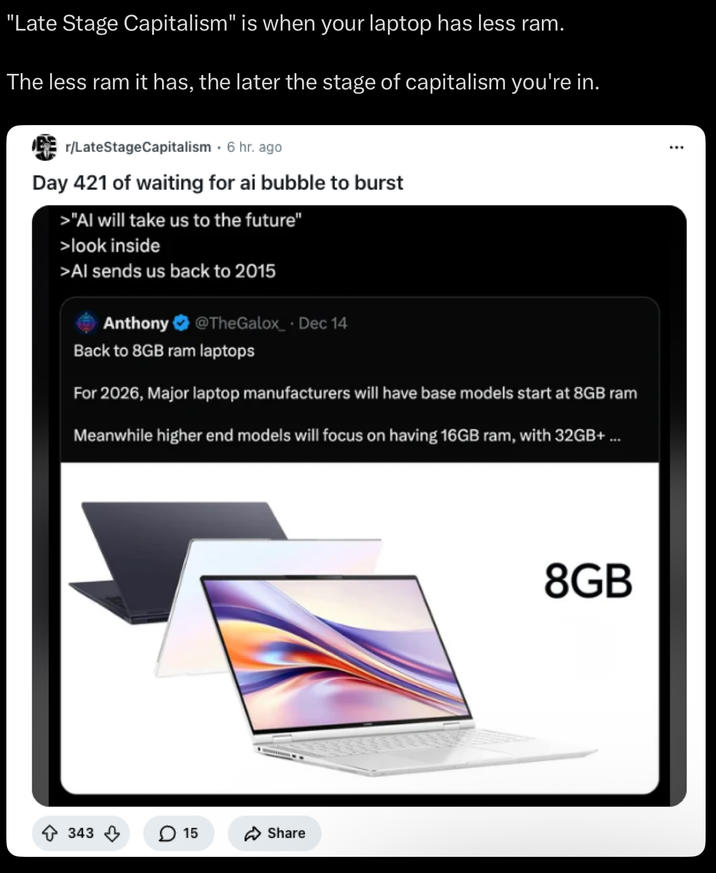 "Late Stage Capitalism" is when your laptop has less ram. The less ram it has, the later the stage of capitalism you're in. r/LateStageCapitalism. 6 hr. ago Day 421 of waiting for ai bubble to burst >"Al will take us to the future" >look inside >Al sends us back to 2015 Anthony @TheGalox_ . Dec 14 Back to 8GB ram laptops For 2026, Major laptop manufacturers will have base models start at 8GB ram Meanwhile higher end models will focus on having 16GB ram, with 32GB+ ... 343 15 Share 8GB