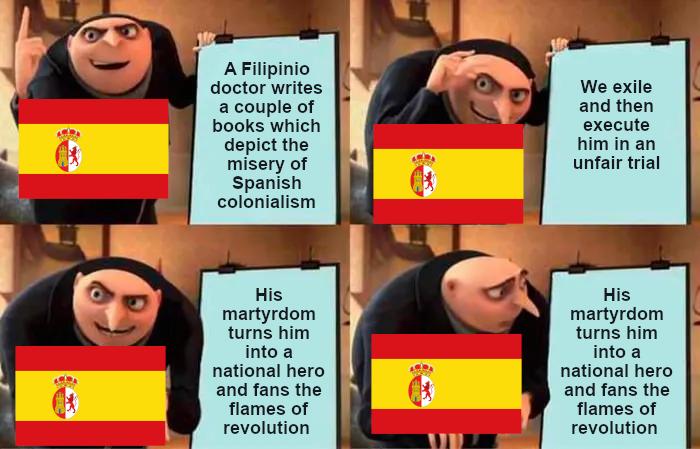 A Filipinio doctor writes a couple of books which depict the misery of Spanish colonialism We exile and then execute him in an unfair trial His martyrdom turns him into a national hero and fans the flames of revolution His martyrdom turns him into a national hero and fans the flames of revolution
