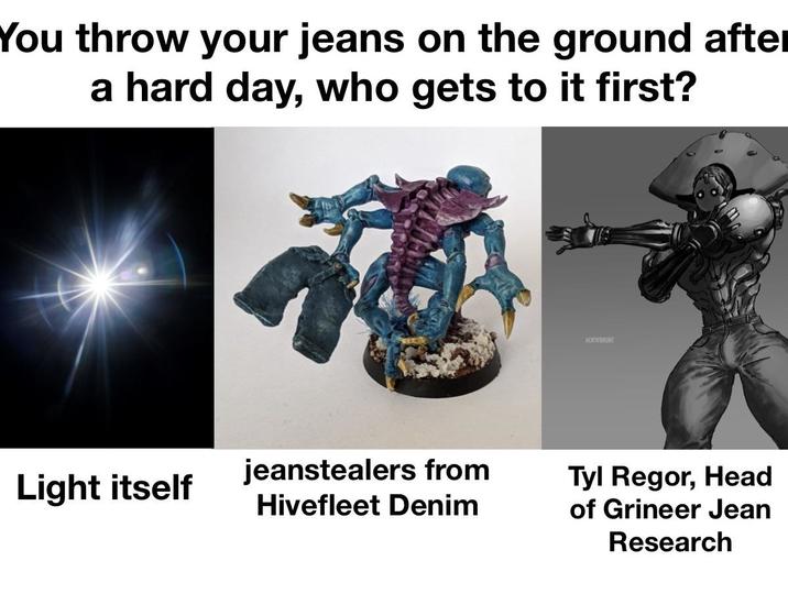 You throw your jeans on the ground after a hard day, who gets to it first? Light itself jeanstealers from Hivefleet Denim ACKNERUNT Tyl Regor, Head of Grineer Jean Research