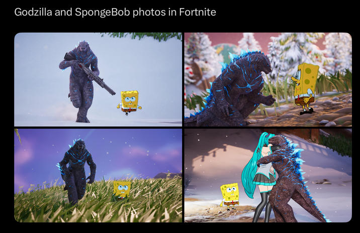 Godzilla and SpongeBob photos in Fortnite