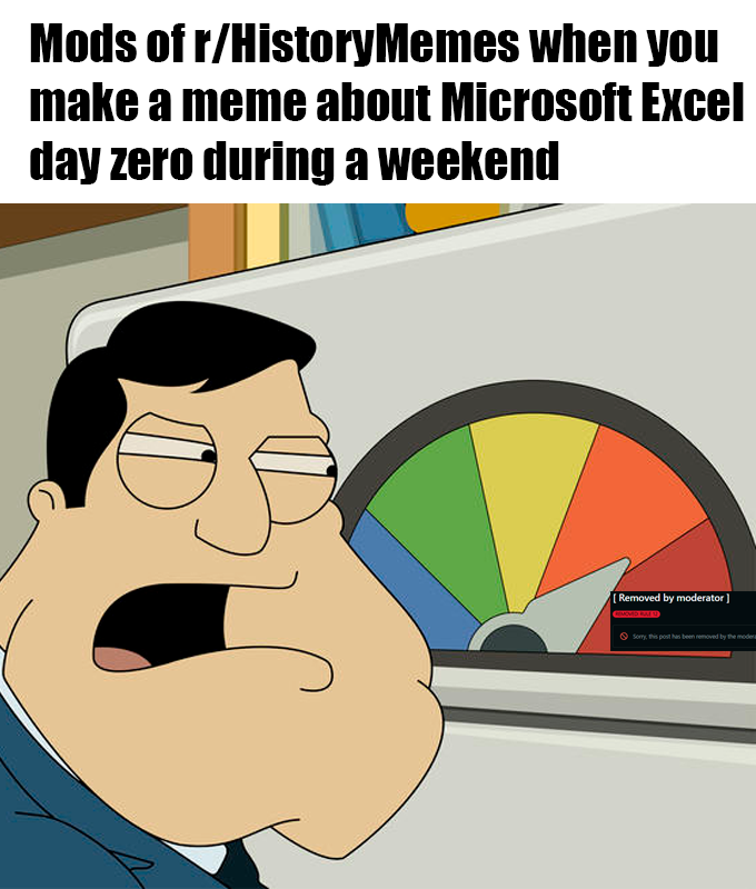 Mods of r/HistoryMemes when you make a meme about Microsoft Excel day zero during a weekend [Removed by moderator] Sorry, this post has been removed by the modera