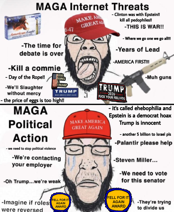 American Eagle MAGA Internet Threats MAKE A 5-47 GREAT AG -The time for debate is over -Kill a commie - Day of the Rope!! -We'll Slaughter TRUMP GOD GUNS - Clinton was with Epstein!! kill all pedophiles!! -THIS IS WAR!! - Where we go one we go all!!! -Years of Lead -AMERICA FIRST!!! -Muh guns without mercy TRUMP - the price of eggs is too high!! MAGA Political Action - we need to stop political violence -We're contacting your employer -Oh Trump...we're weak TRUMP *****2020 ***** F--- YOUR FEELINGS MAKE AMERICA GREAT AGAIN S - it's called ehebophilia and Epstein is a democrat hoax Trump is innocent - another 5 billion to Israel pls -Palantir please help -Steven Miller... -We need to vote for this senator -Imagine if roles were reversed FELL FOR IT AGAIN AWARD FELL FOR IT| AGAIN AWARD -They're trying to divide us