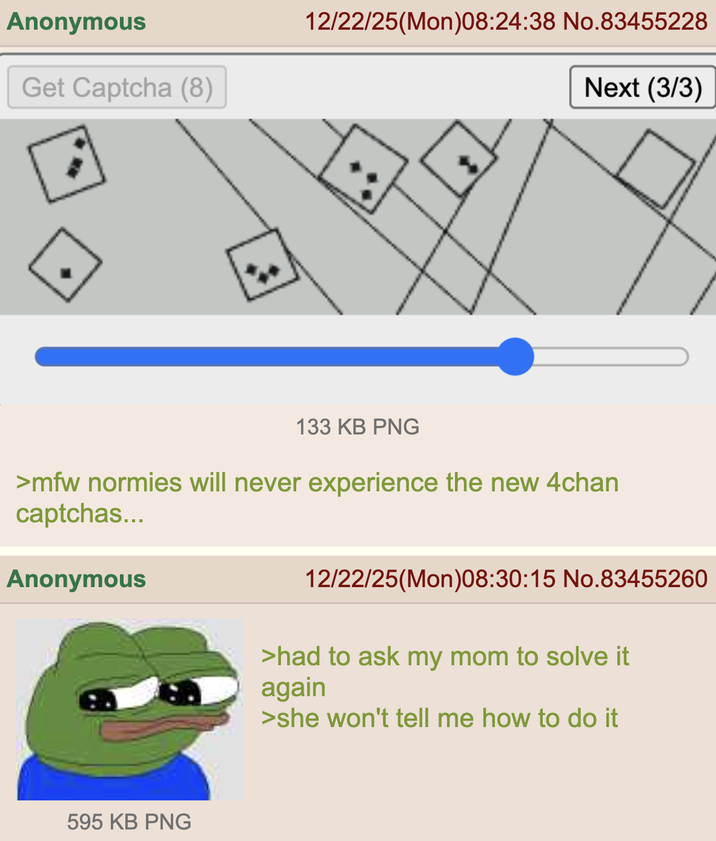 Anonymous Get Captcha (8) 12/22/25(Mon)08:24:38 No.83455228 Next (3/3) 133 KB PNG >mfw normies will never experience the new 4chan captchas... Anonymous 12/22/25(Mon)08:30:15 No.83455260 >had to ask my mom to solve it again >she won't tell me how to do it 595 KB PNG