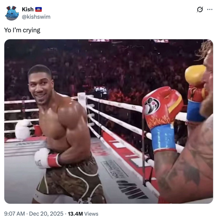 The "tweet":https://knowyourmeme.com/memes/sites/twitter-x that first shared the photo of Anthony Joshua Smiling at Jake Paul Before Punching Him.
