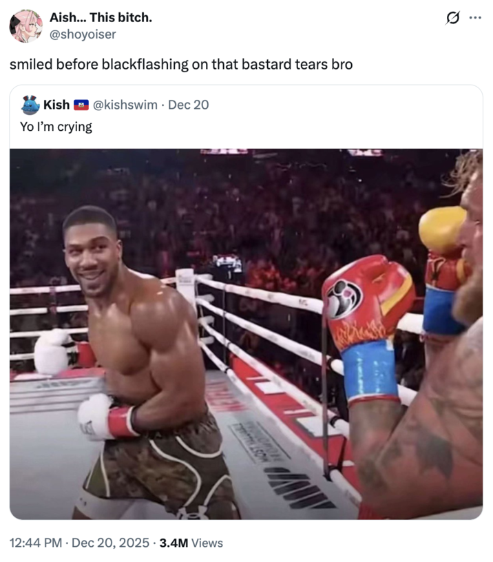 A "quote-tweet":https://knowyourmeme.com/memes/quote-retweets-qrts on "Twitter / X":https://knowyourmeme.com/memes/sites/twitter-x about the Anthony Joshua Smiling at Jake Paul Before Punching Him image.