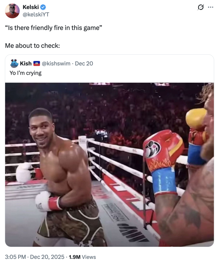 A "quote-tweet":https://knowyourmeme.com/memes/quote-retweets-qrts on "Twitter / X":https://knowyourmeme.com/memes/sites/twitter-x about the Anthony Joshua Smiling at Jake Paul Before Punching Him image.