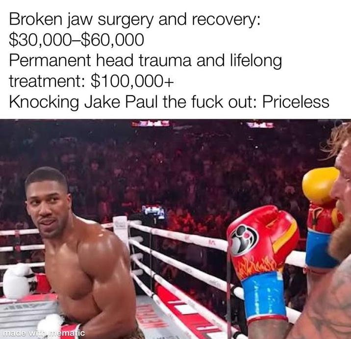 A "meme":https://knowyourmeme.com/memes/memes from "Reddit":https://knowyourmeme.com/memes/sites/reddit about the Anthony Joshua Smiling at Jake Paul Before Punching Him image.