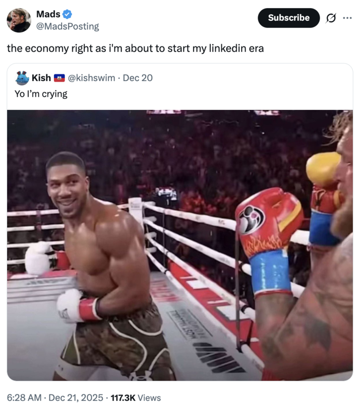 A "quote-tweet":https://knowyourmeme.com/memes/quote-retweets-qrts on "Twitter / X":https://knowyourmeme.com/memes/sites/twitter-x about the Anthony Joshua Smiling at Jake Paul Before Punching Him image.