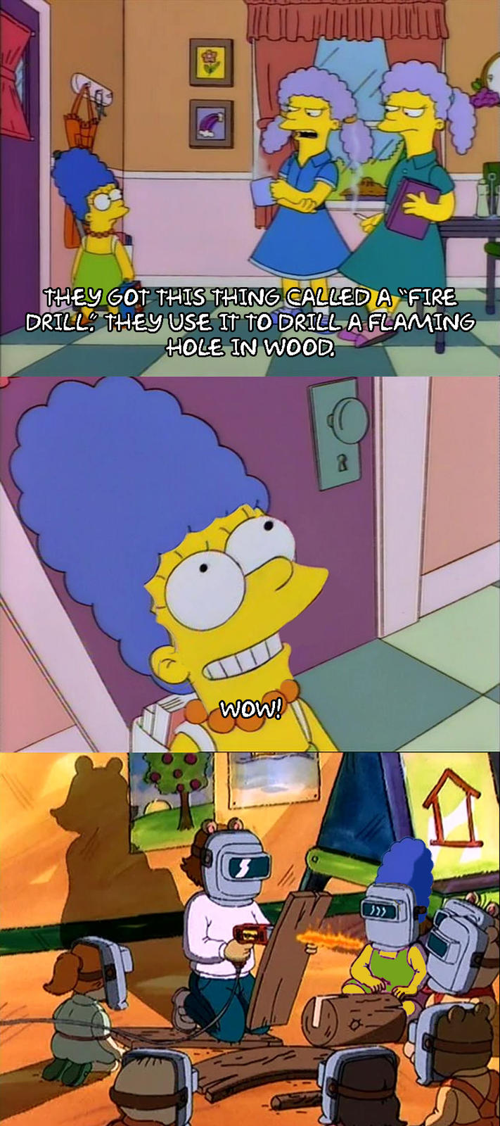 D.W.'s initial imagine spot on what a fire drill is reminded me a bit of when Patty and Selma were teasing Marge before her first day of school, saying a fire drill is used to "drill a flaming hole in your head."