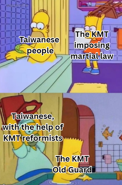 Sporestill The KMT Taiwanese imposing people martial law ° Taiwanese, with the help of KMT reformists The KMT Old Guard