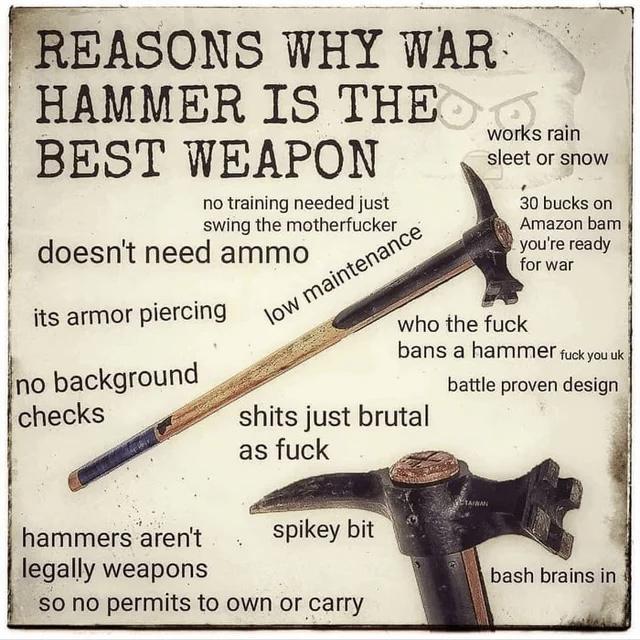 REASONS WHY WAR- HAMMER IS THE O BEST WEAPON no training needed just swing the m----------- doesn't need ammo its armor piercing low maintenance works rain sleet or snow 30 bucks on Amazon bam you're ready for war who the f--- bans a hammer f--- you uk no background checks battle proven design s---- just brutal as f--- hammers aren't spikey bit legally weapons bash brains in so no permits to own or carry