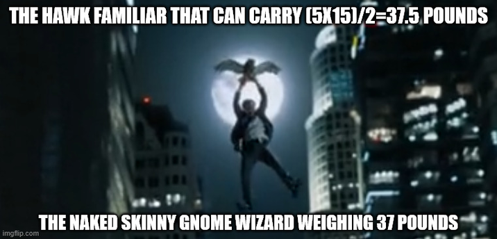 THE HAWK FAMILIAR THAT CAN CARRY (5X15)/2=37.5 POUNDS imgflip.com THE NAKED SKINNY GNOME WIZARD WEIGHING 37 POUNDS