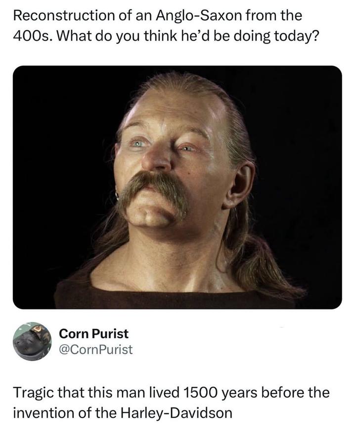 Reconstruction of an Anglo-Saxon from the 400s. What do you think he'd be doing today? Corn Purist @CornPurist Tragic that this man lived 1500 years before the invention of the Harley-Davidson