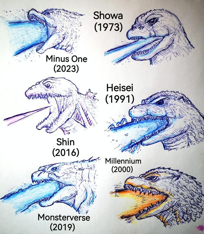 Minus One (2023) Showa (1973) Heisei (1991) Shin (2016) Millennium (2000) Monsterverse (2019)