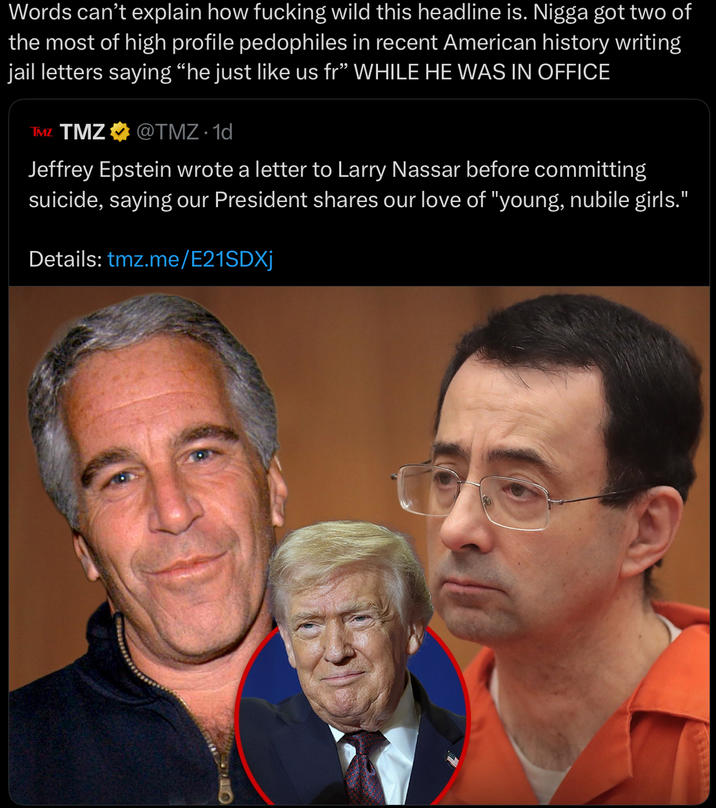 Words can't explain how f------ wild this headline is. N---- got two of the most of high profile pedophiles in recent American history writing jail letters saying “he just like us fr❞ WHILE HE WAS IN OFFICE TMZ TMZ⭑@TMZ. 1d Jeffrey Epstein wrote a letter to Larry Nassar before committing suicide, saying our President shares our love of "young, nubile girls." Details: tmz.me/E21SDXj