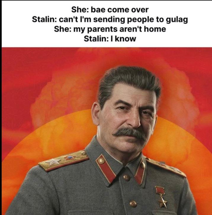 She: bae come over Stalin: can't I'm sending people to gulag She: my parents aren't home Stalin: I know