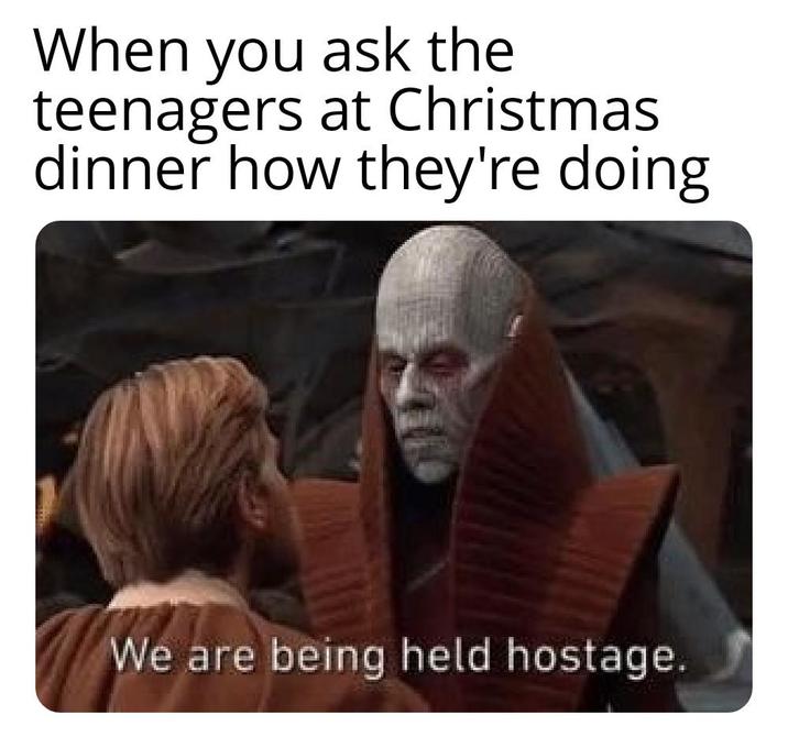 When you ask the teenagers at Christmas dinner how they're doing We are being held hostage.