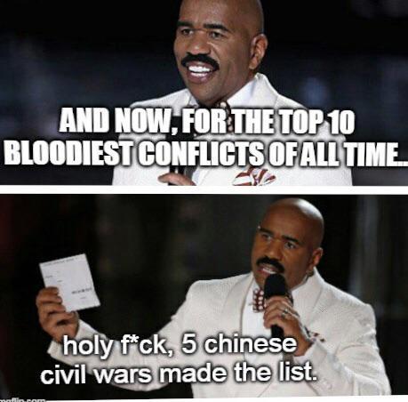 AND NOW, FOR THE TOP 10 BLOODIEST CONFLICTS OF ALL TIME. holy f*ck, 5 chinese civil wars made the list.