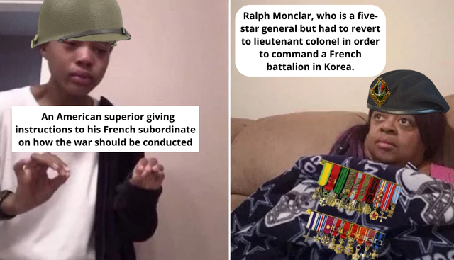 An American superior giving instructions to his French subordinate on how the war should be conducted Ralph Monclar, who is a five- star general but had to revert to lieutenant colonel in order to command a French battalion in Korea. 0