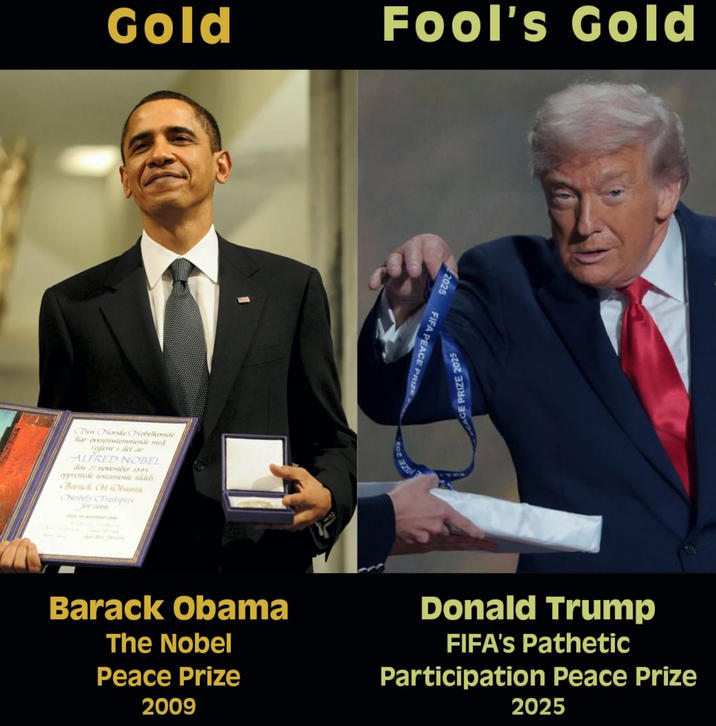 Gold Den Norske Nobelkomite har overensstemmende med reglene i det av ALFRED NOBEL den 2 november 1805 opprettede testamente aldele (Barack H. Obama CNobels Fredspris for coo Fool's Gold 2025 FIFA PEACE PRIZE PEACE PRIZE 2025 Barack Obama The Nobel Peace Prize 2009 Donald Trump FIFA's Pathetic Participation Peace Prize 2025