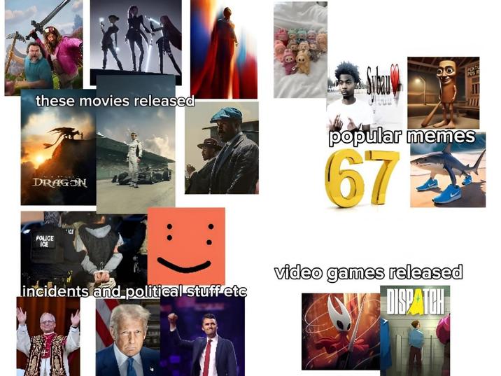 these movies released DRAGON popular memes 67 POLICE ICE incidents and political stuff etc video games released DISPATCH PENTL