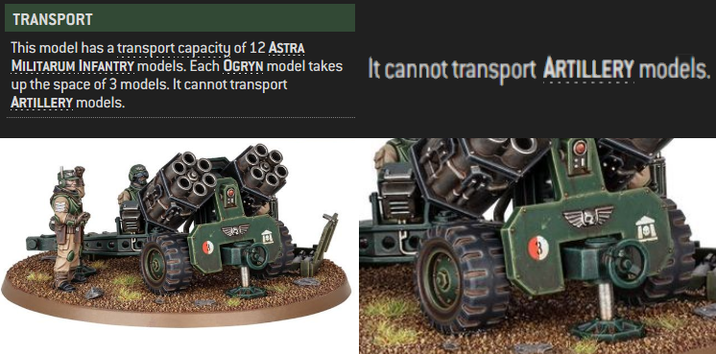 O TRANSPORT This model has a transport capacity of 12 ASTRA MILITARUM INFANTRY models. Each OGRYN model takes It cannot transport ARTILLERY models. up the space of 3 models. It cannot transport ARTILLERY models. F