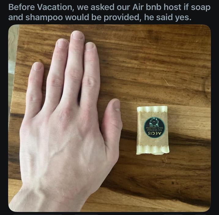 Before Vacation, we asked our Air bnb host if soap and shampoo would be provided, he said yes. ALL NATURAL AEGIS SOAP + SHAMPOO