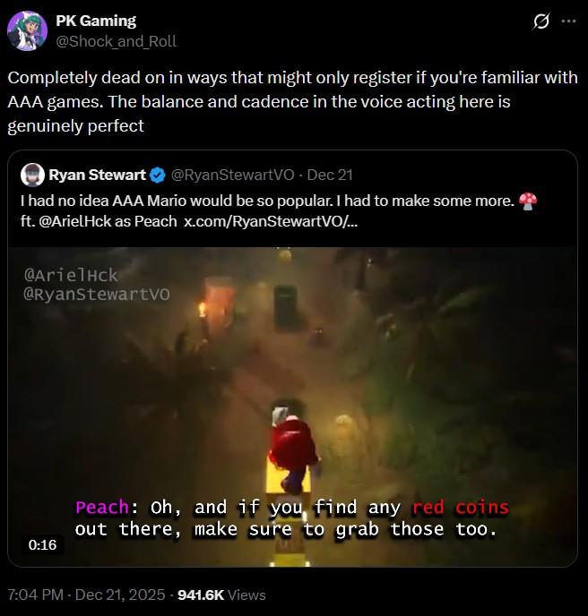A tweet about AAA Mario. It reads, "Completely dead on in ways that might only register if you're familiar with AAA games. The balance and cadence in the voice acting here is genuinely perfect."