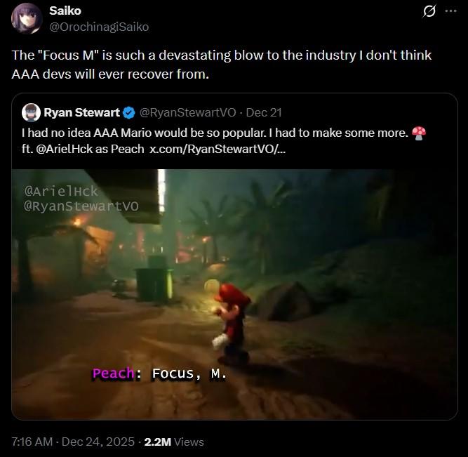 A tweet about triple-A Mario. It reads, "The "Focus M" is such a devastating blow to the industry I don't think AAA devs will ever recover from."