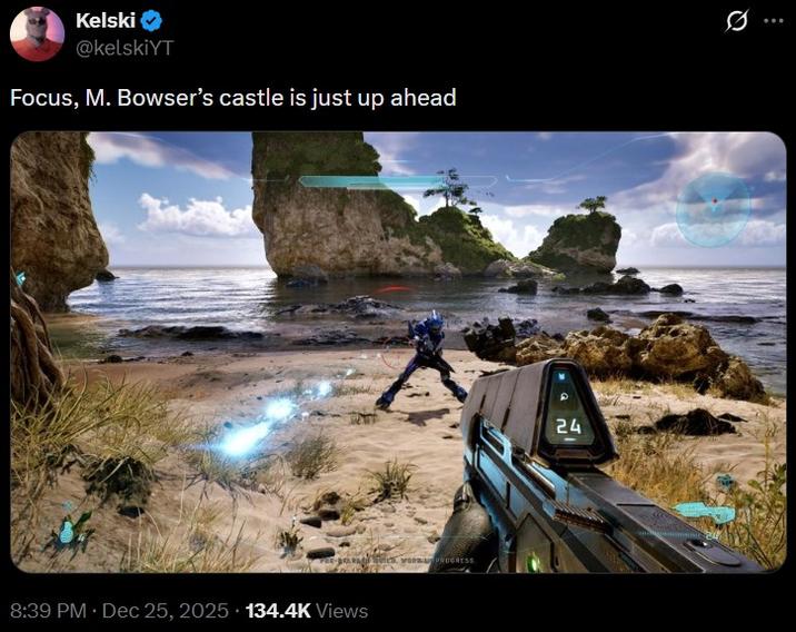 Kelski @kelskiYT Focus, M. Bowser's castle is just up ahead 8:39 PM ⚫ Dec 25, 2025 134.4K Views ties, won PROGRESS 24