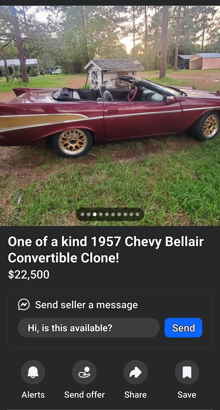 One of a kind 1957 Chevy Bellair Convertible Clone! $22,500 Send seller a message Hi, is this available? Send Alerts Send offer Share Save
