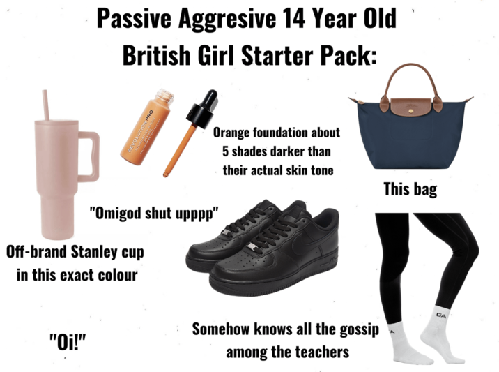 Passive Aggresive 14 Year Old British Girl Starter Pack: REVOLUTION PRO ORANGE Orange foundation about "Omigod shut upppp" Off-brand Stanley cup in this exact colour 5 shades darker than their actual skin tone "Oi!" Somehow knows all the gossip among the teachers This bag