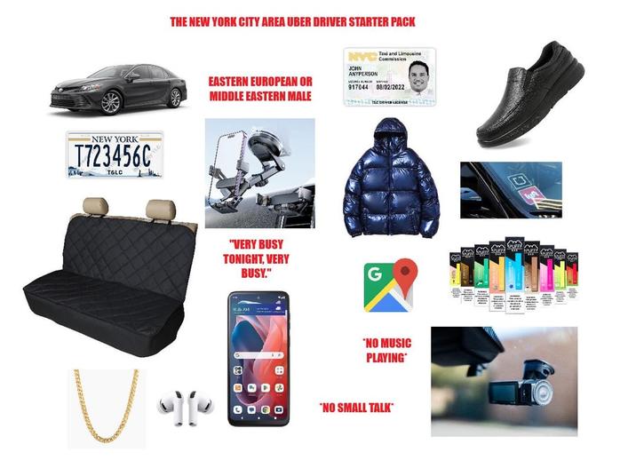 NEW YORK T723456C T&LC THE NEW YORK CITY AREA UBER DRIVER STARTER PACK EASTERN EUROPEAN OR MIDDLE EASTERN MALE Taxi and Limousine Power Commission JOHN ANYPERSON 917044 08/02/2022 SNC UNIVER LICENSE IN "VERY BUSY TONIGHT, VERY BUSY." 11:35 AM G G *NO MUSIC PLAYING *NO SMALL TALK DE 3