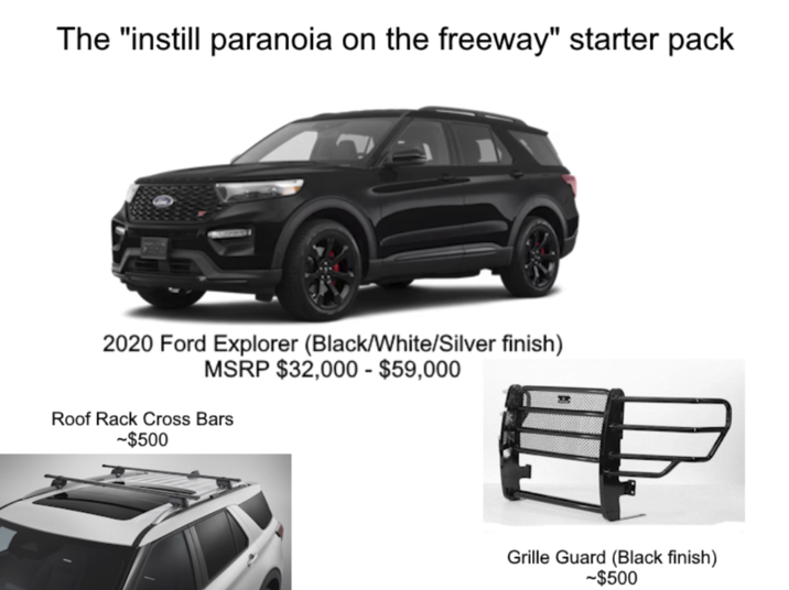 The "instill paranoia on the freeway" starter pack 2020 Ford Explorer (Black/White/Silver finish) MSRP $32,000 - $59,000 Roof Rack Cross Bars -$500 Grille Guard (Black finish) -$500