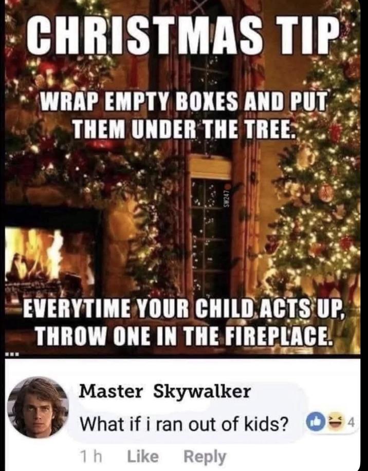 CHRISTMAS TIP WRAP EMPTY BOXES AND PUT THEM UNDER THE TREE. SW247 EVERYTIME YOUR CHILD ACTS UP, THROW ONE IN THE FIREPLACE Master Skywalker What if i ran out of kids? 14 1h Like Reply