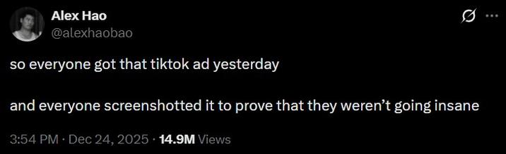 A tweet reading, "so everyone got that tiktok ad yesterday and everyone screenshotted it to prove that they weren’t going insane." The post refers to a swastika necklace sold briefly on TikTok Shop.