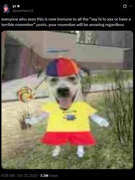 yz⭑ @everhero13 everyone who sees this is now immune to all the "say hi to xxx or have a terrible november" posts. your november will be amazing regardless 9:38 AM - Oct 27, 2025 2.2M Views