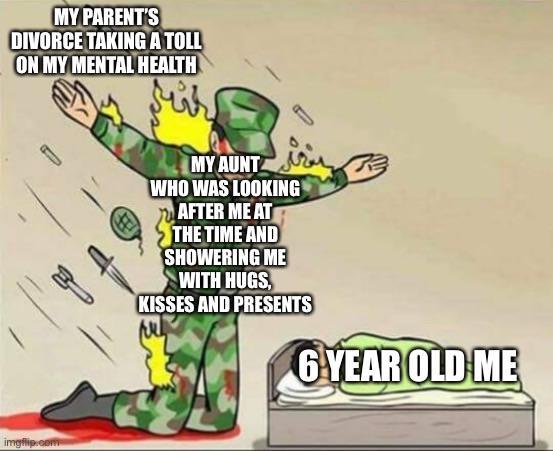 MY PARENT'S DIVORCE TAKING A TOLL ON MY MENTAL HEALTH imgflip.com MY AUNT WHO WAS LOOKING AFTER ME AT THE TIME AND SHOWERING ME WITH HUGS, KISSES AND PRESENTS 6 YEAR OLD ME