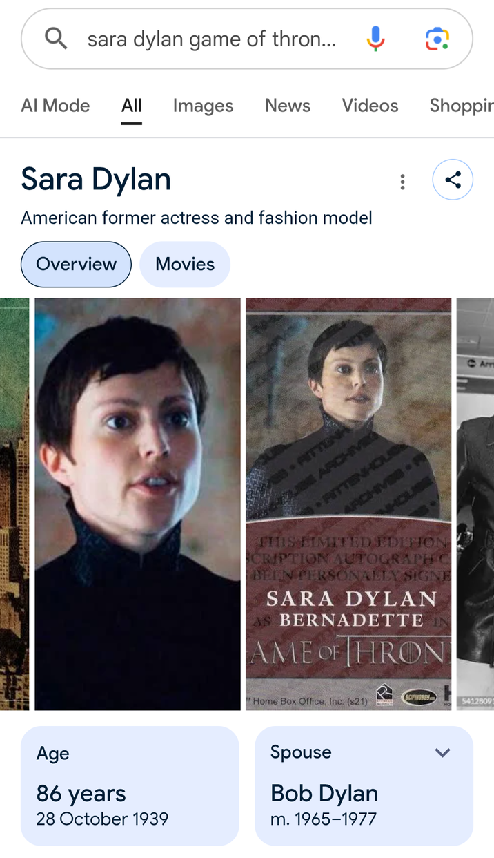 sara dylan game of thron... Al Mode All Images News Videos Shoppin Sara Dylan American former actress and fashion model Overview Movies 2718 ZUBE ARCHIVIO HA RITTENHOLICA ARCHIVE P HOU THIS LIMITED EDITION SCRIPTION AUTOGRAPH C BEEN PERSONALLY SIGNE SARA DYLAN BERNADETTE IN AME OF THRON Home Box Office, Inc. (s21) Age 86 years 28 October 1939 Spouse Bob Dylan m. 1965-1977 Arr SCIFINORGY 5412809
